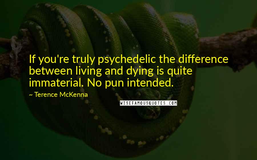 Terence McKenna Quotes: If you're truly psychedelic the difference between living and dying is quite immaterial. No pun intended.