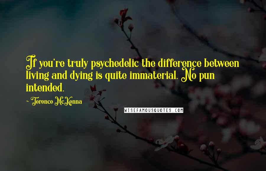 Terence McKenna Quotes: If you're truly psychedelic the difference between living and dying is quite immaterial. No pun intended.
