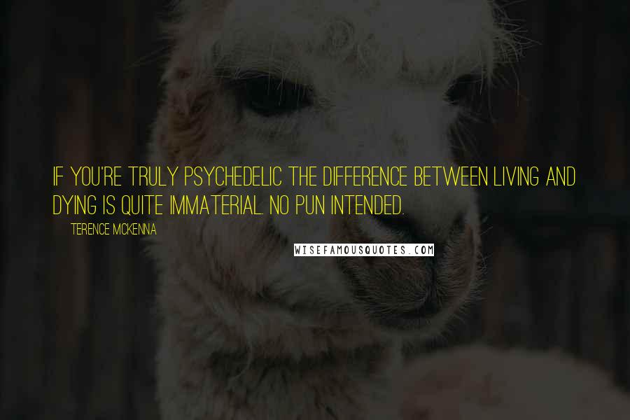 Terence McKenna Quotes: If you're truly psychedelic the difference between living and dying is quite immaterial. No pun intended.
