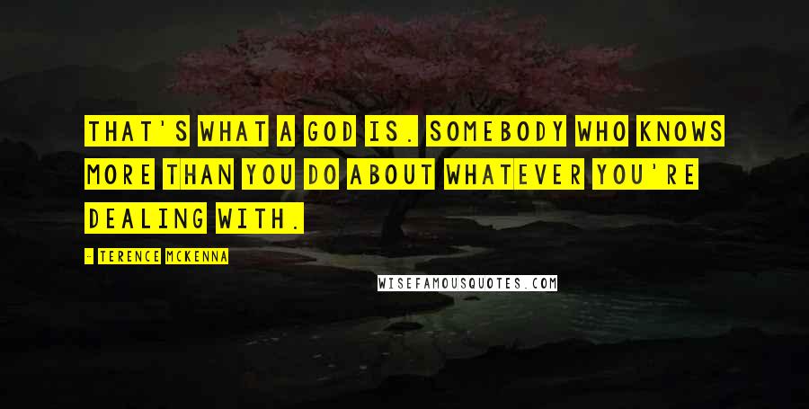 Terence McKenna Quotes: That's what a god is. Somebody who knows more than you do about whatever you're dealing with.