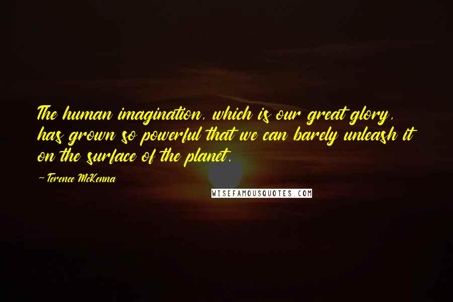 Terence McKenna Quotes: The human imagination, which is our great glory, has grown so powerful that we can barely unleash it on the surface of the planet.