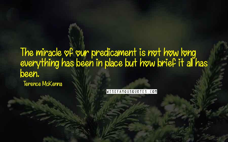 Terence McKenna Quotes: The miracle of our predicament is not how long everything has been in place but how brief it all has been.