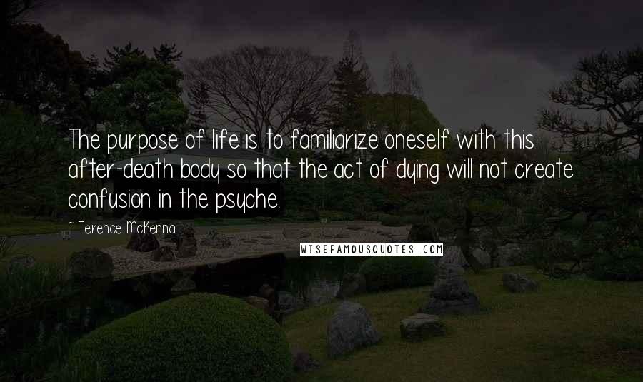 Terence McKenna Quotes: The purpose of life is to familiarize oneself with this after-death body so that the act of dying will not create confusion in the psyche.