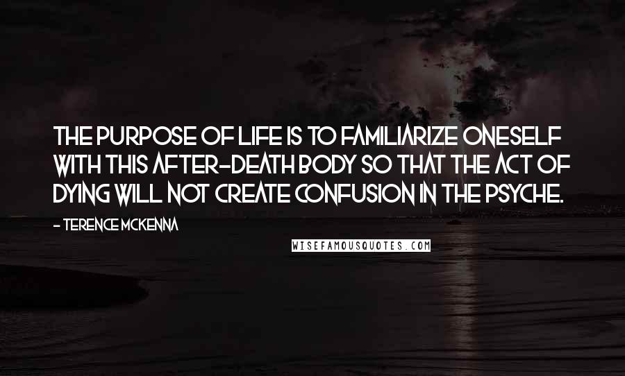 Terence McKenna Quotes: The purpose of life is to familiarize oneself with this after-death body so that the act of dying will not create confusion in the psyche.