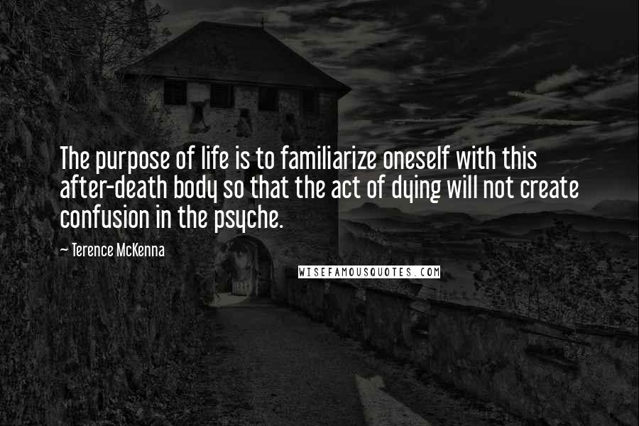 Terence McKenna Quotes: The purpose of life is to familiarize oneself with this after-death body so that the act of dying will not create confusion in the psyche.