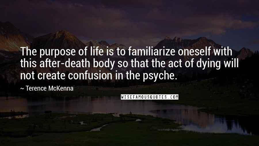 Terence McKenna Quotes: The purpose of life is to familiarize oneself with this after-death body so that the act of dying will not create confusion in the psyche.