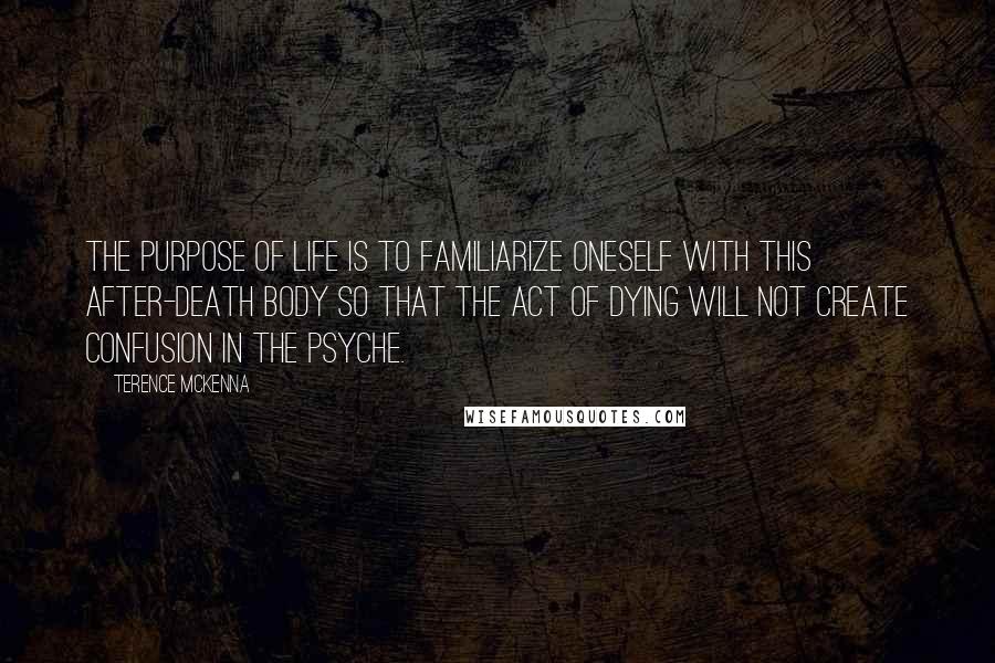 Terence McKenna Quotes: The purpose of life is to familiarize oneself with this after-death body so that the act of dying will not create confusion in the psyche.