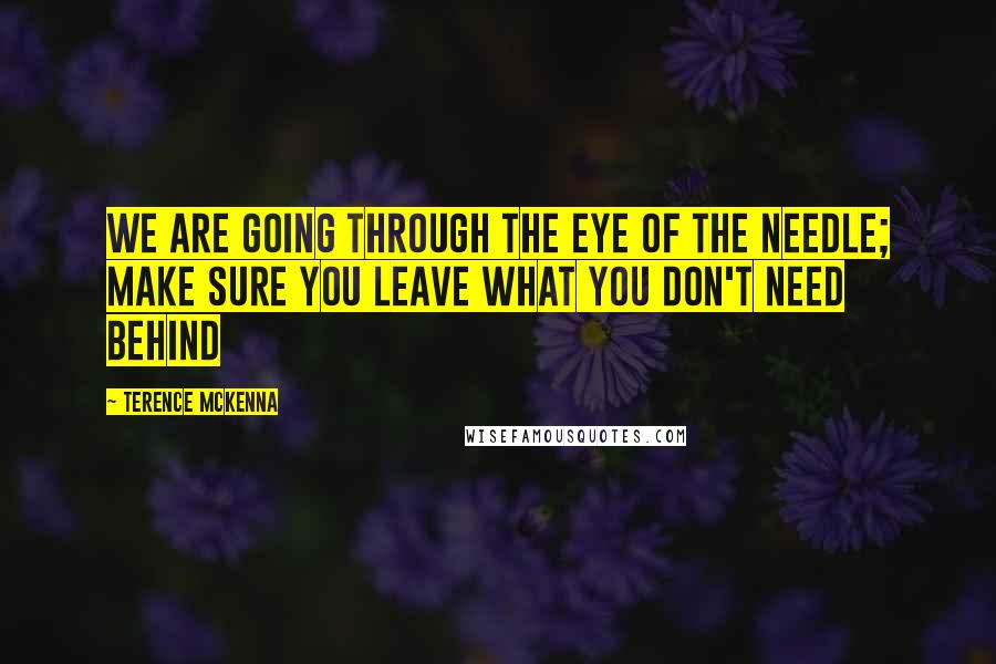 Terence McKenna Quotes: We are going through the eye of the needle; make sure you leave what you don't need behind