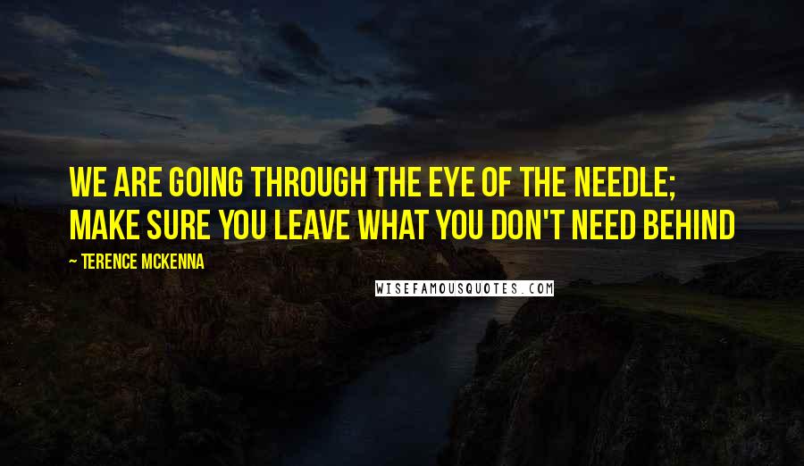 Terence McKenna Quotes: We are going through the eye of the needle; make sure you leave what you don't need behind