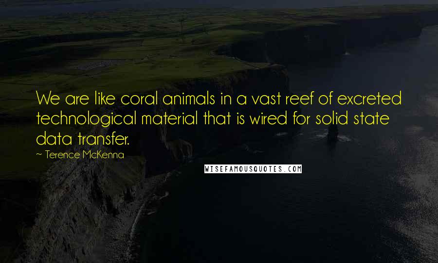 Terence McKenna Quotes: We are like coral animals in a vast reef of excreted technological material that is wired for solid state data transfer.