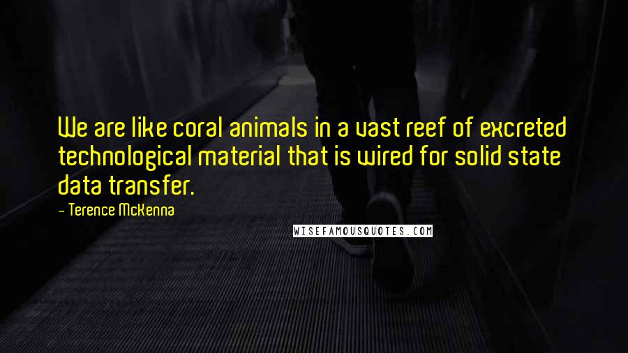 Terence McKenna Quotes: We are like coral animals in a vast reef of excreted technological material that is wired for solid state data transfer.