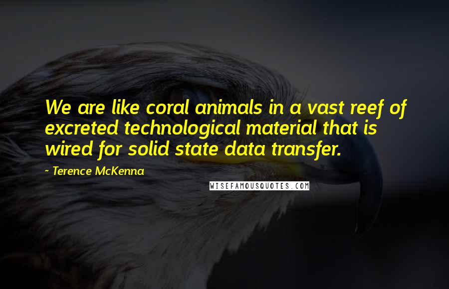 Terence McKenna Quotes: We are like coral animals in a vast reef of excreted technological material that is wired for solid state data transfer.