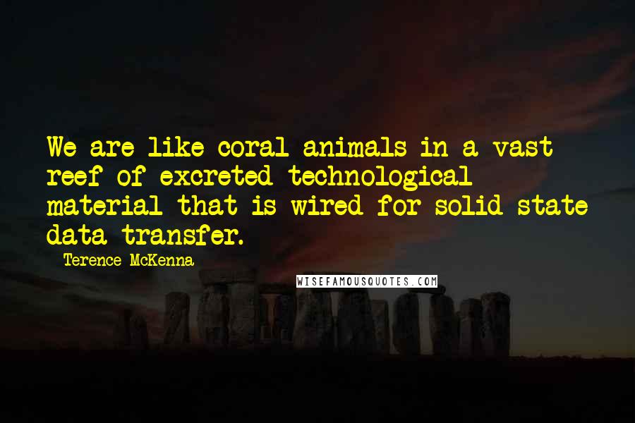 Terence McKenna Quotes: We are like coral animals in a vast reef of excreted technological material that is wired for solid state data transfer.