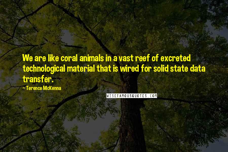 Terence McKenna Quotes: We are like coral animals in a vast reef of excreted technological material that is wired for solid state data transfer.