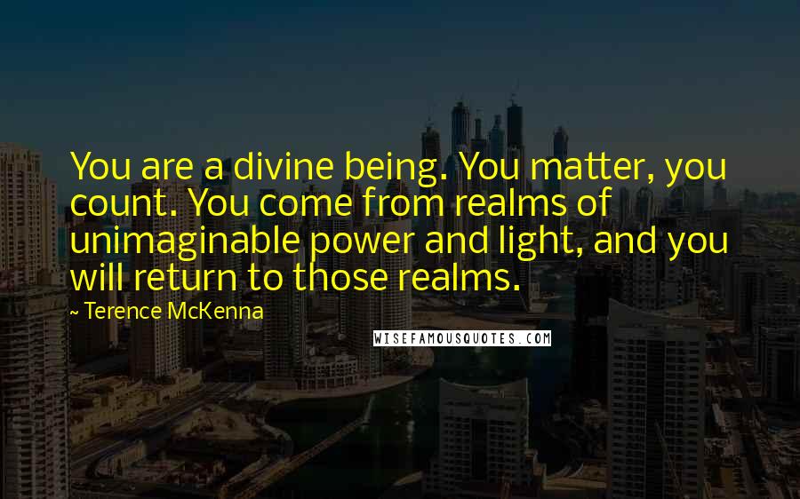 Terence McKenna Quotes: You are a divine being. You matter, you count. You come from realms of unimaginable power and light, and you will return to those realms.