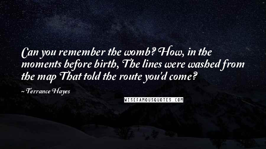 Terrance Hayes Quotes: Can you remember the womb? How, in the moments before birth, The lines were washed from the map That told the route you'd come?