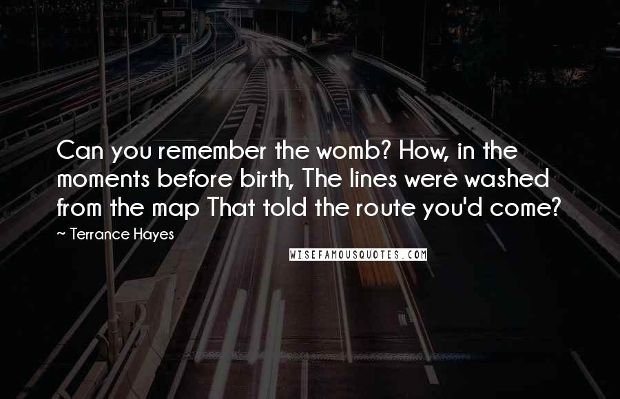 Terrance Hayes Quotes: Can you remember the womb? How, in the moments before birth, The lines were washed from the map That told the route you'd come?