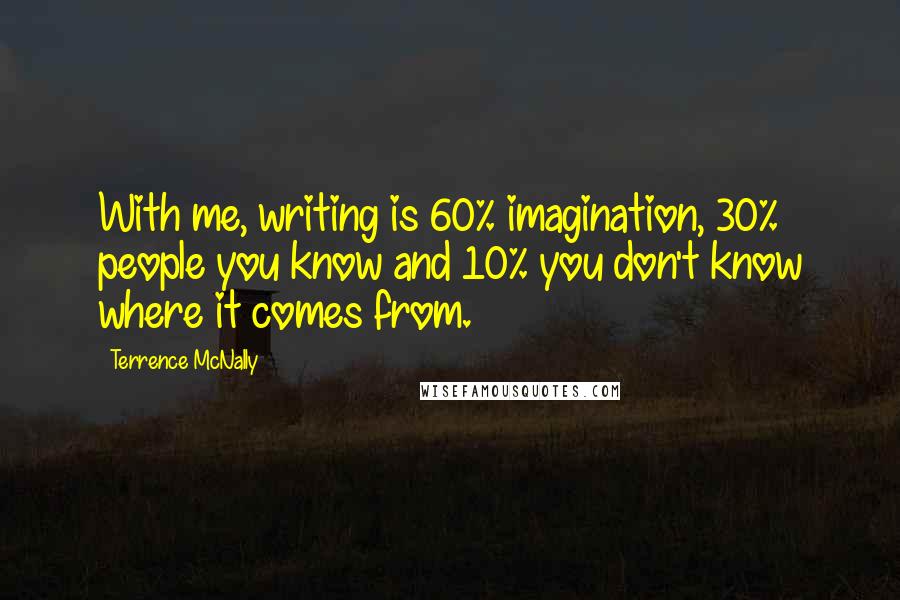 Terrence McNally Quotes: With me, writing is 60% imagination, 30% people you know and 10% you don't know where it comes from.