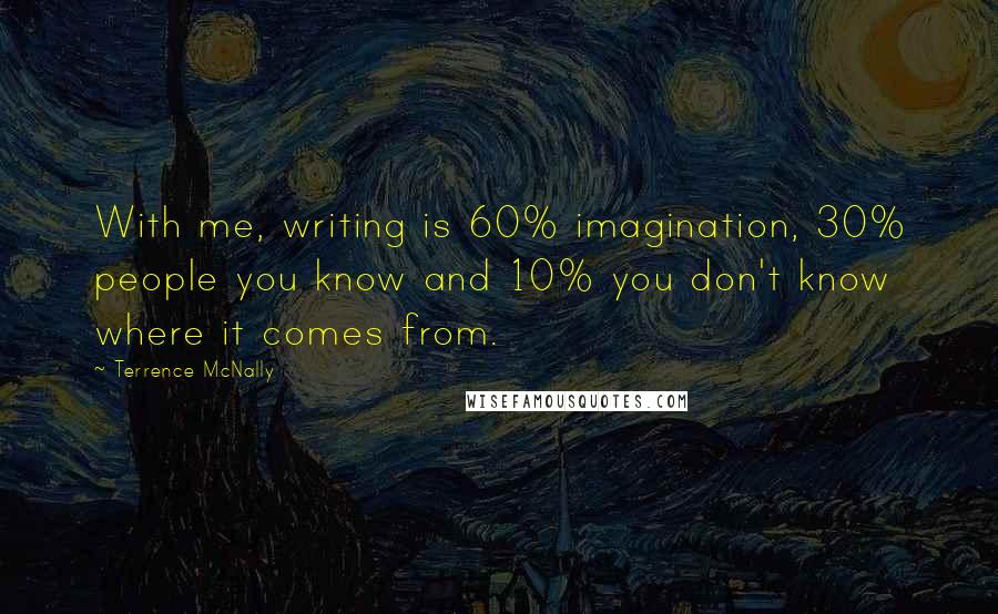 Terrence McNally Quotes: With me, writing is 60% imagination, 30% people you know and 10% you don't know where it comes from.