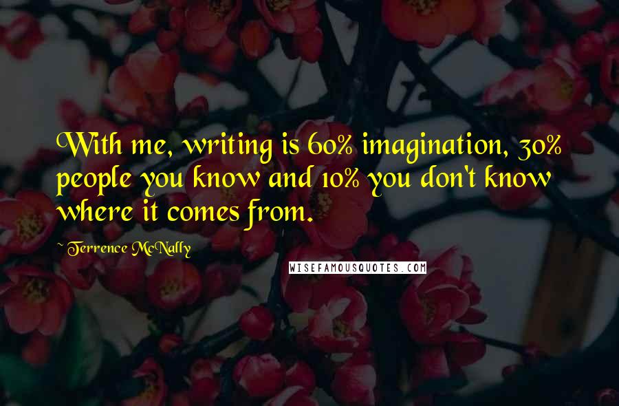 Terrence McNally Quotes: With me, writing is 60% imagination, 30% people you know and 10% you don't know where it comes from.