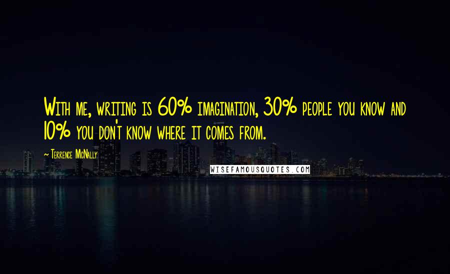 Terrence McNally Quotes: With me, writing is 60% imagination, 30% people you know and 10% you don't know where it comes from.