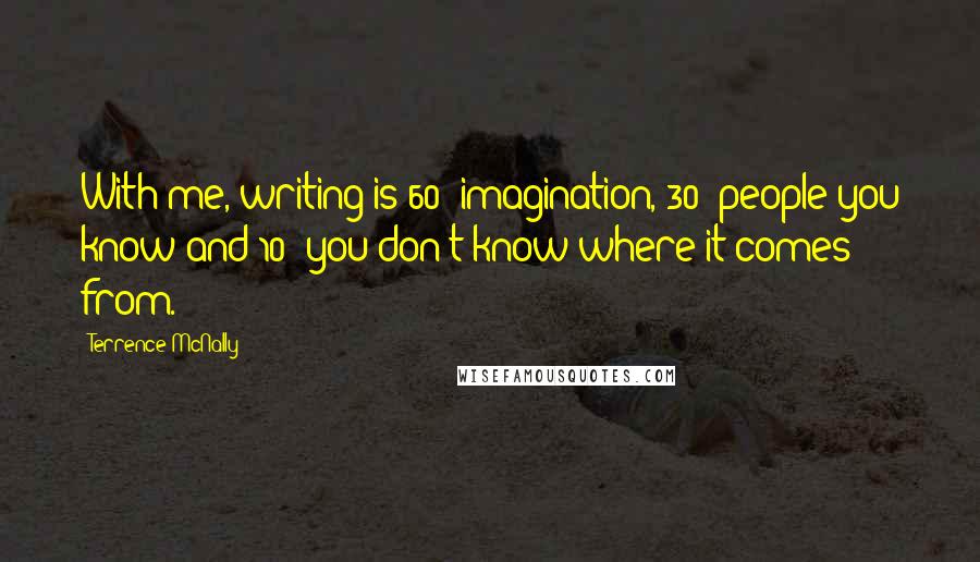 Terrence McNally Quotes: With me, writing is 60% imagination, 30% people you know and 10% you don't know where it comes from.