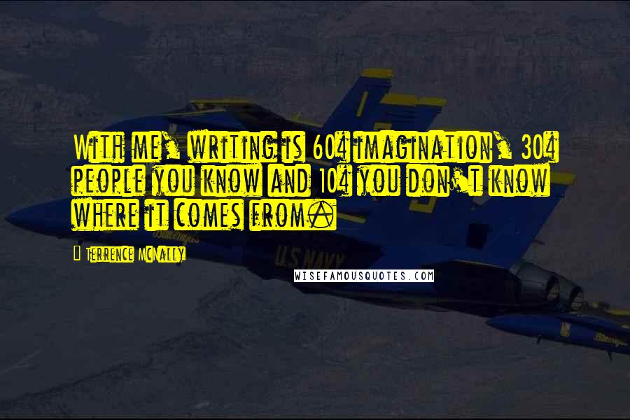 Terrence McNally Quotes: With me, writing is 60% imagination, 30% people you know and 10% you don't know where it comes from.