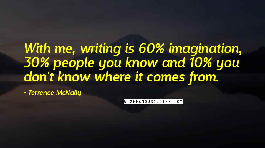 Terrence McNally Quotes: With me, writing is 60% imagination, 30% people you know and 10% you don't know where it comes from.