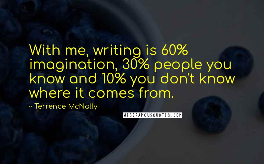 Terrence McNally Quotes: With me, writing is 60% imagination, 30% people you know and 10% you don't know where it comes from.