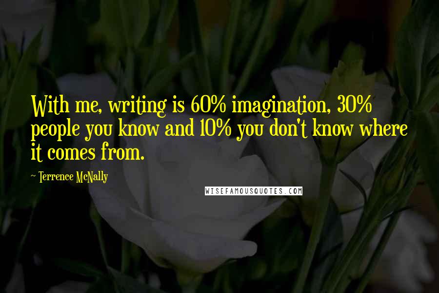 Terrence McNally Quotes: With me, writing is 60% imagination, 30% people you know and 10% you don't know where it comes from.