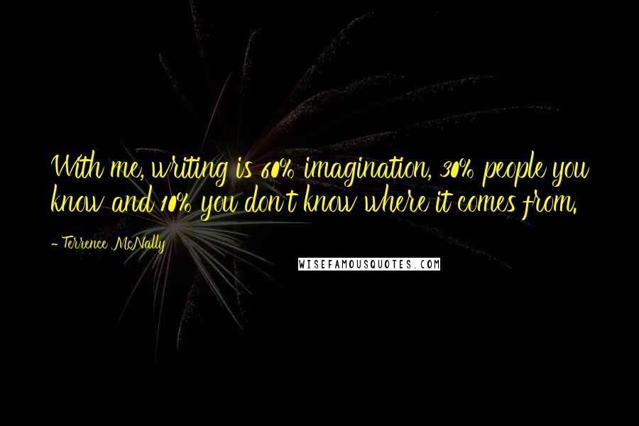 Terrence McNally Quotes: With me, writing is 60% imagination, 30% people you know and 10% you don't know where it comes from.