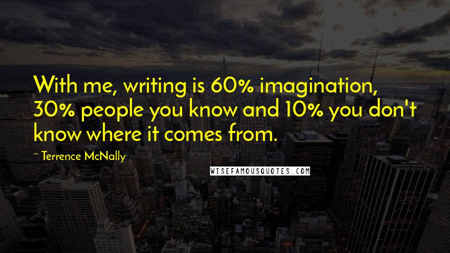 Terrence McNally Quotes: With me, writing is 60% imagination, 30% people you know and 10% you don't know where it comes from.