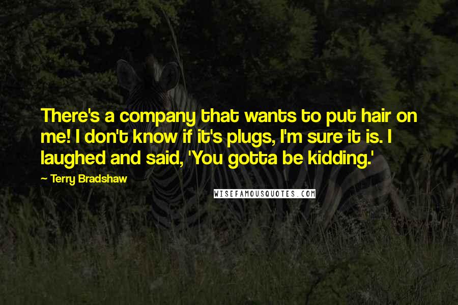 Terry Bradshaw Quotes: There's a company that wants to put hair on me! I don't know if it's plugs, I'm sure it is. I laughed and said, 'You gotta be kidding.'