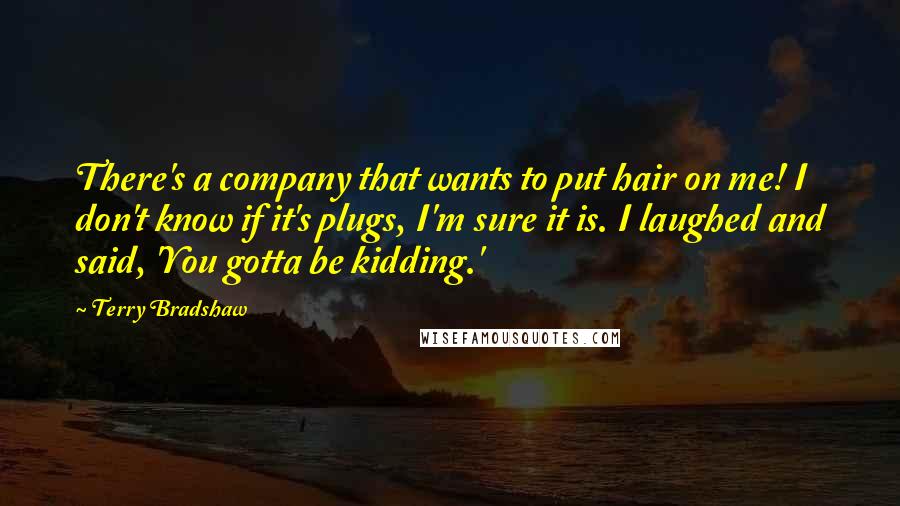 Terry Bradshaw Quotes: There's a company that wants to put hair on me! I don't know if it's plugs, I'm sure it is. I laughed and said, 'You gotta be kidding.'