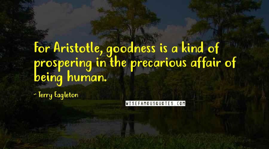 Terry Eagleton Quotes: For Aristotle, goodness is a kind of prospering in the precarious affair of being human.
