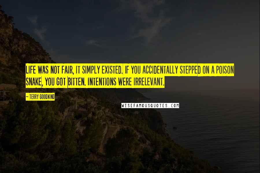 Terry Goodkind Quotes: Life was not fair, it simply existed. If you accidentally stepped on a poison snake, you got bitten. Intentions were irrelevant.