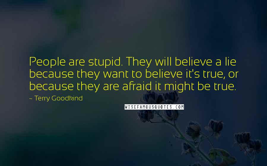 Terry Goodkind Quotes: People are stupid. They will believe a lie because they want to believe it's true, or because they are afraid it might be true.