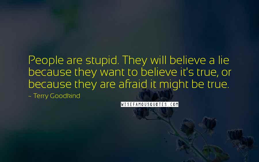 Terry Goodkind Quotes: People are stupid. They will believe a lie because they want to believe it's true, or because they are afraid it might be true.