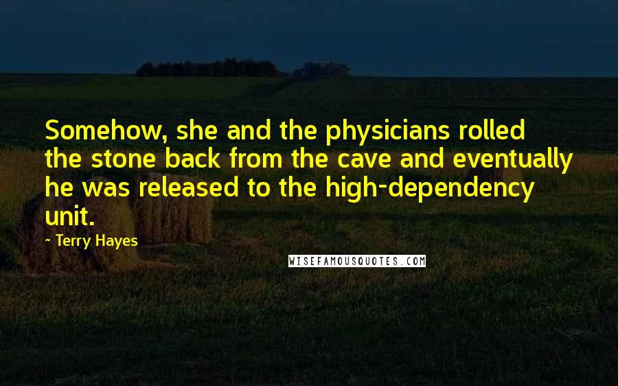 Terry Hayes Quotes: Somehow, she and the physicians rolled the stone back from the cave and eventually he was released to the high-dependency unit.