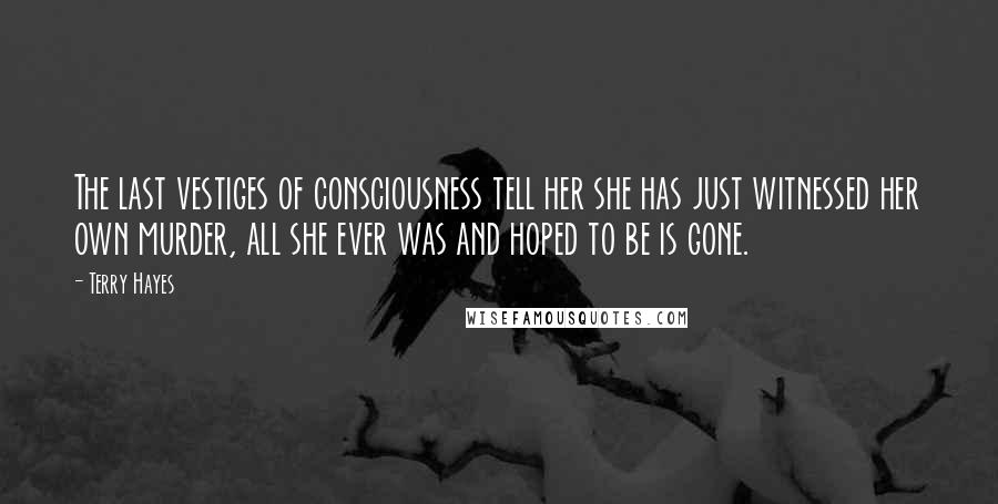 Terry Hayes Quotes: The last vestiges of consciousness tell her she has just witnessed her own murder, all she ever was and hoped to be is gone.