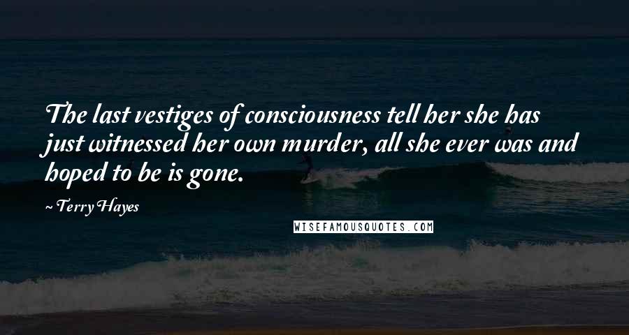 Terry Hayes Quotes: The last vestiges of consciousness tell her she has just witnessed her own murder, all she ever was and hoped to be is gone.