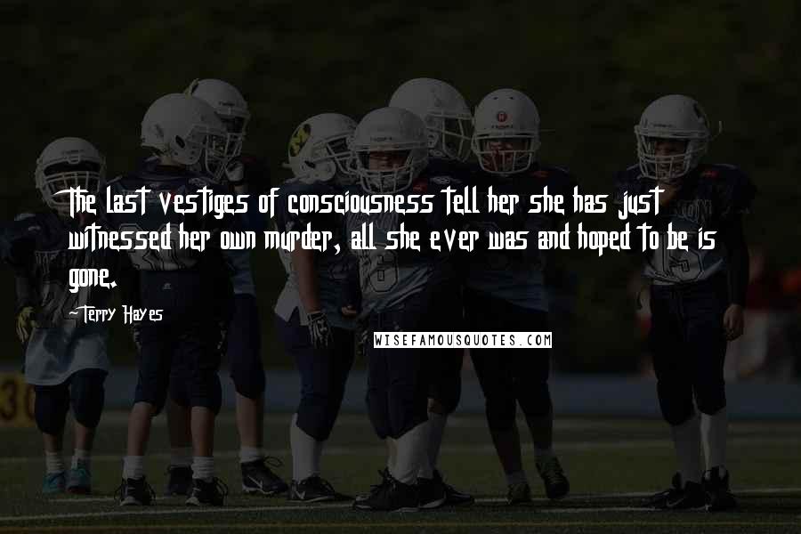 Terry Hayes Quotes: The last vestiges of consciousness tell her she has just witnessed her own murder, all she ever was and hoped to be is gone.