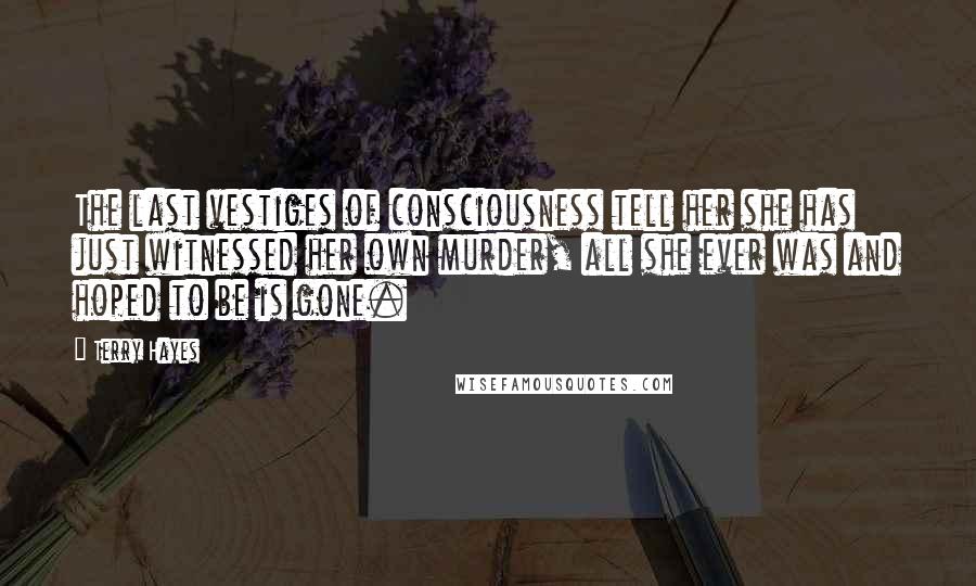 Terry Hayes Quotes: The last vestiges of consciousness tell her she has just witnessed her own murder, all she ever was and hoped to be is gone.