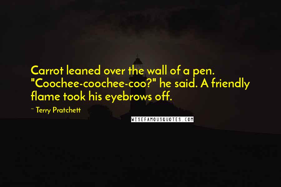 Terry Pratchett Quotes: Carrot leaned over the wall of a pen. "Coochee-coochee-coo?" he said. A friendly flame took his eyebrows off.