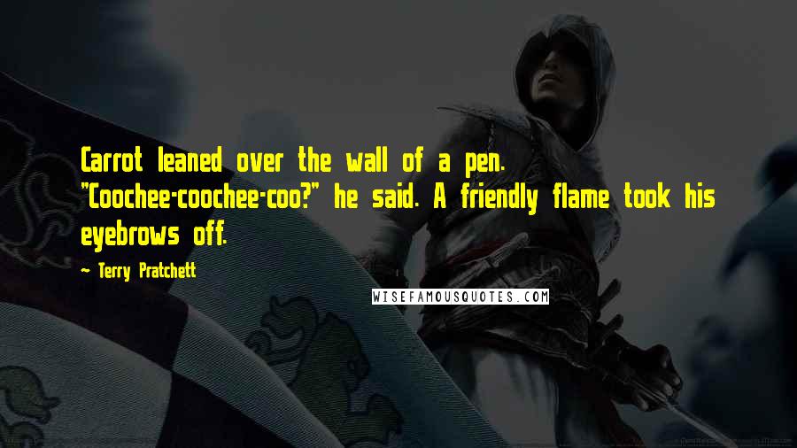 Terry Pratchett Quotes: Carrot leaned over the wall of a pen. "Coochee-coochee-coo?" he said. A friendly flame took his eyebrows off.