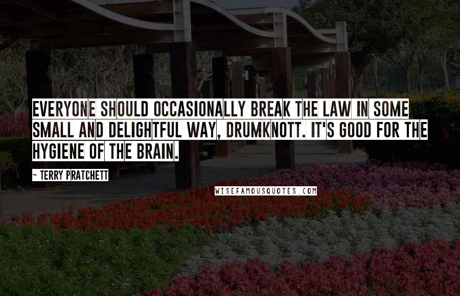 Terry Pratchett Quotes: Everyone should occasionally break the law in some small and delightful way, Drumknott. It's good for the hygiene of the brain.