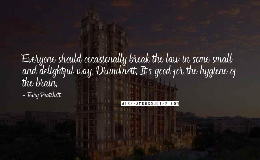 Terry Pratchett Quotes: Everyone should occasionally break the law in some small and delightful way, Drumknott. It's good for the hygiene of the brain.