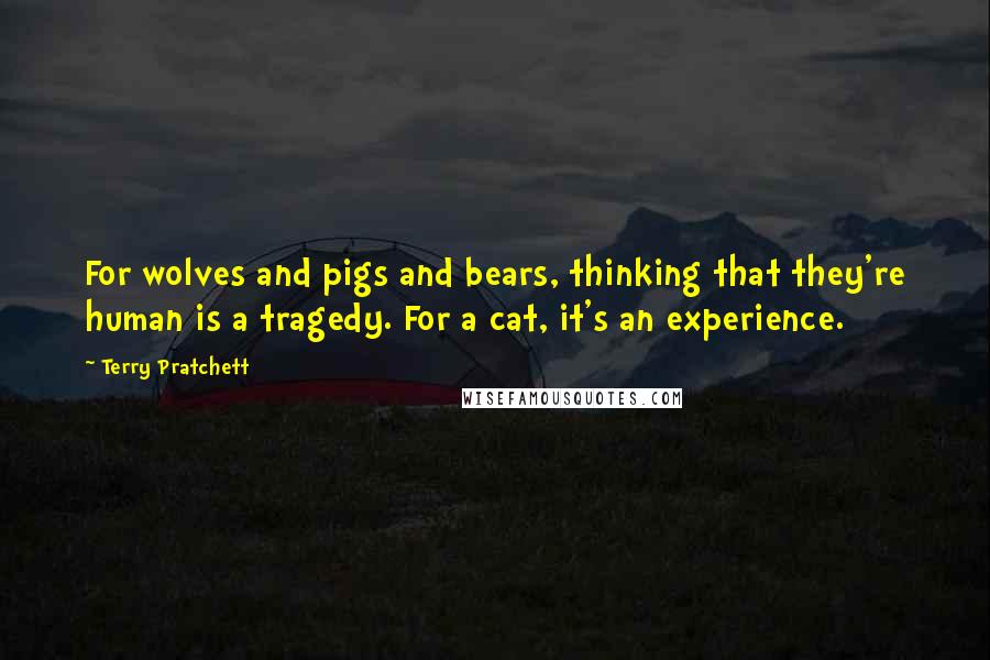 Terry Pratchett Quotes: For wolves and pigs and bears, thinking that they're human is a tragedy. For a cat, it's an experience.