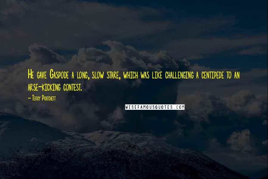 Terry Pratchett Quotes: He gave Gaspode a long, slow stare, which was like challenging a centipede to an arse-kicking contest.