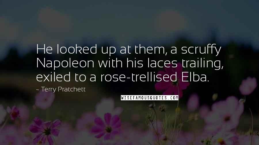 Terry Pratchett Quotes: He looked up at them, a scruffy Napoleon with his laces trailing, exiled to a rose-trellised Elba.